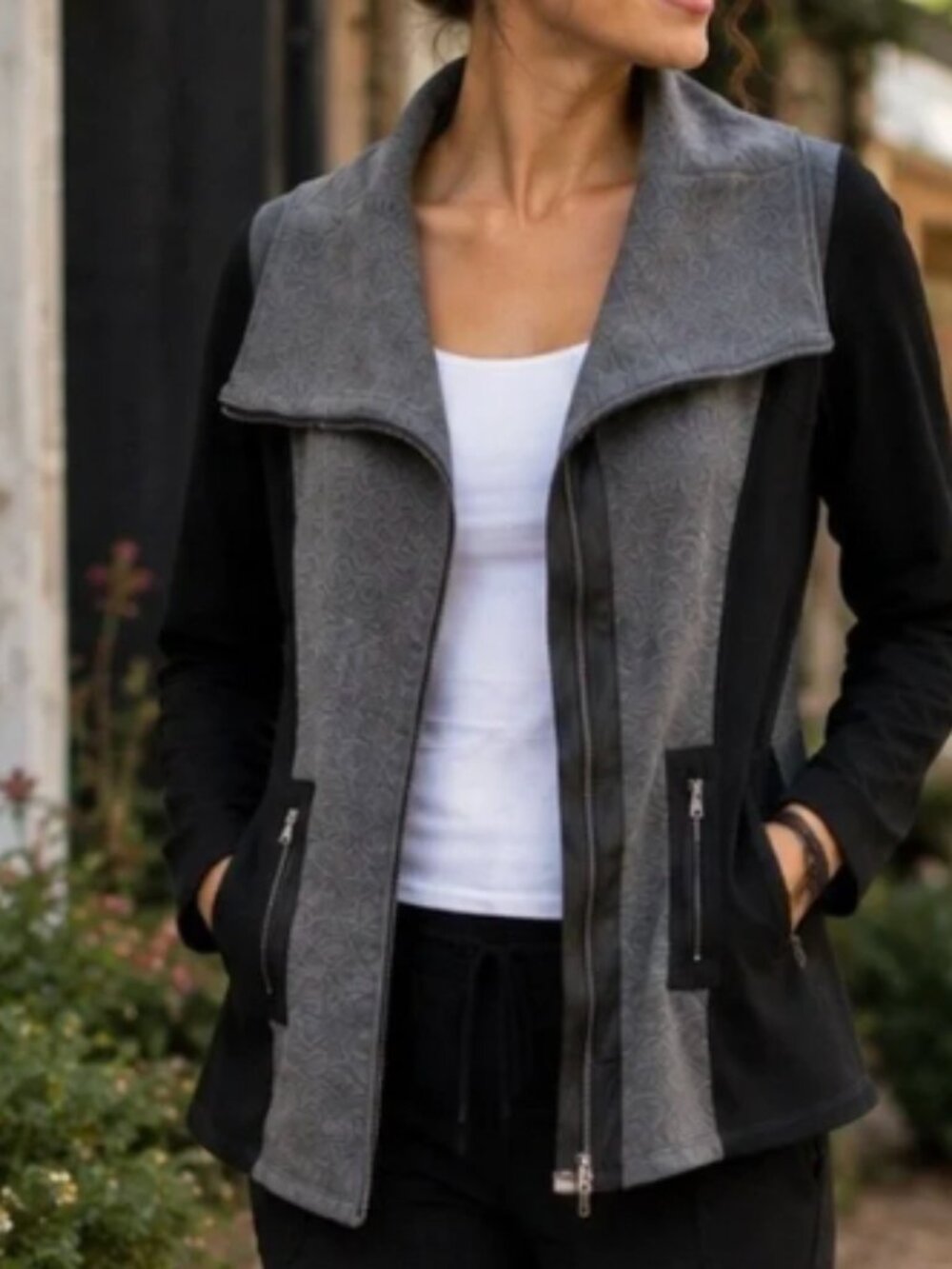 Nicole Miller Active Moto Jacket L Gray Black Asymmetrical Zip Athleisure